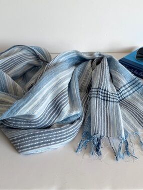 Lightweight Blue Striped Scarf Subtle Metallic Thread Soft Wrap Spring Summer